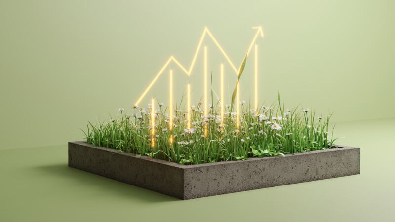 A plot of land with a chart pointing up