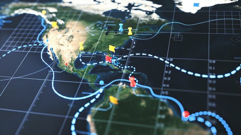 A map with supply chain routes going to the U.S.