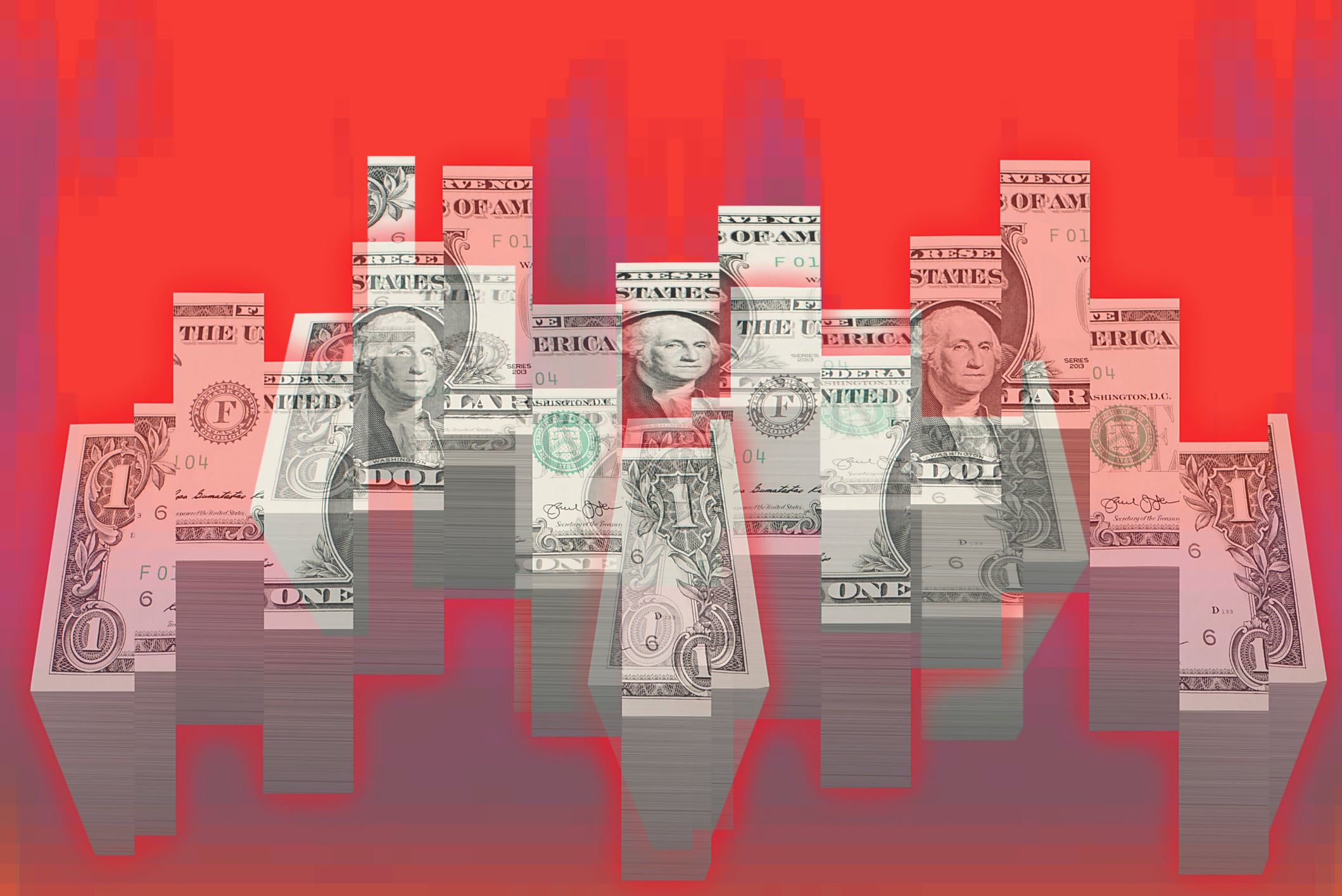 A dollar bill sliced into a bar graph
