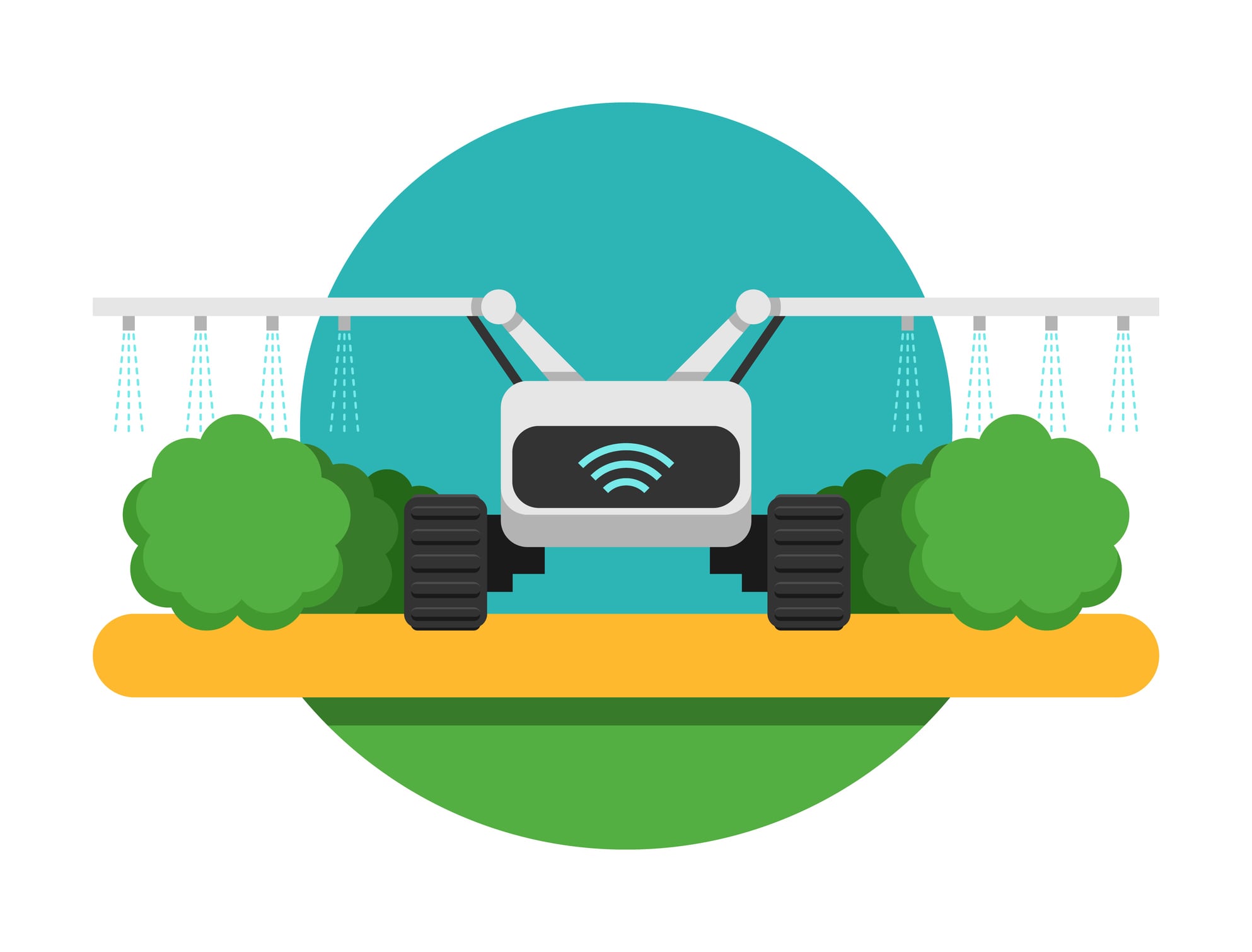 Agricultural robot - device for weed control, watering and pesticide spraying. Illustration in flat colors