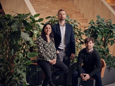 Marcela Suárez (left) with co-founders Marcin Nadzieja (right) and Stig Andersen (centre)